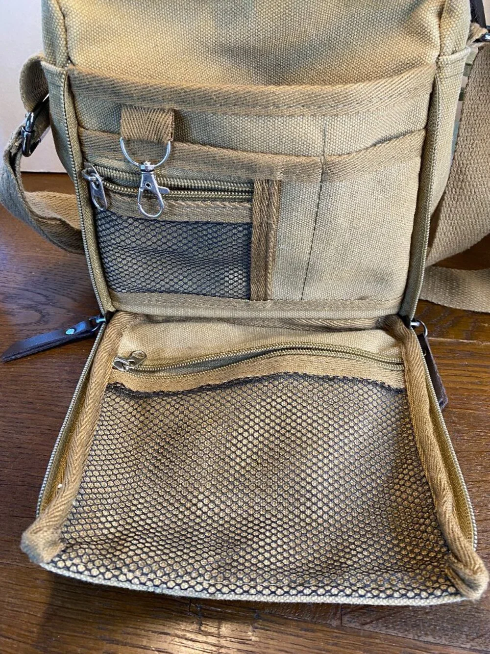 Small Khaki Canvas Messenger Shoulder Travel Bag for Men or Women